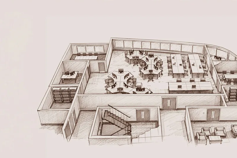 Bir ofis katının perspektif mimari eskizi